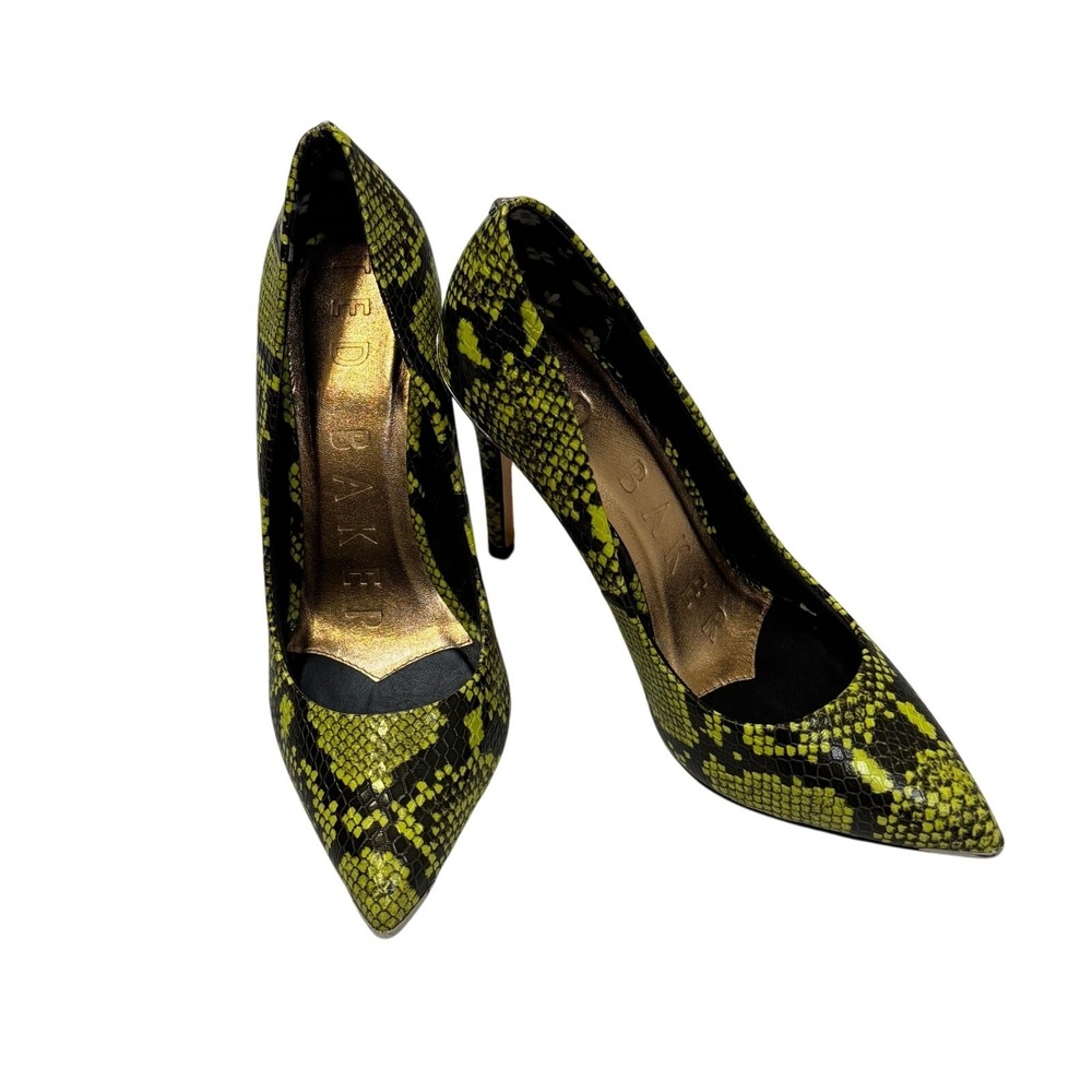 Ted Baker Snakeskin Pumps Women 38.5 Neon Yellow Black Good Pointed Toe Stiletto